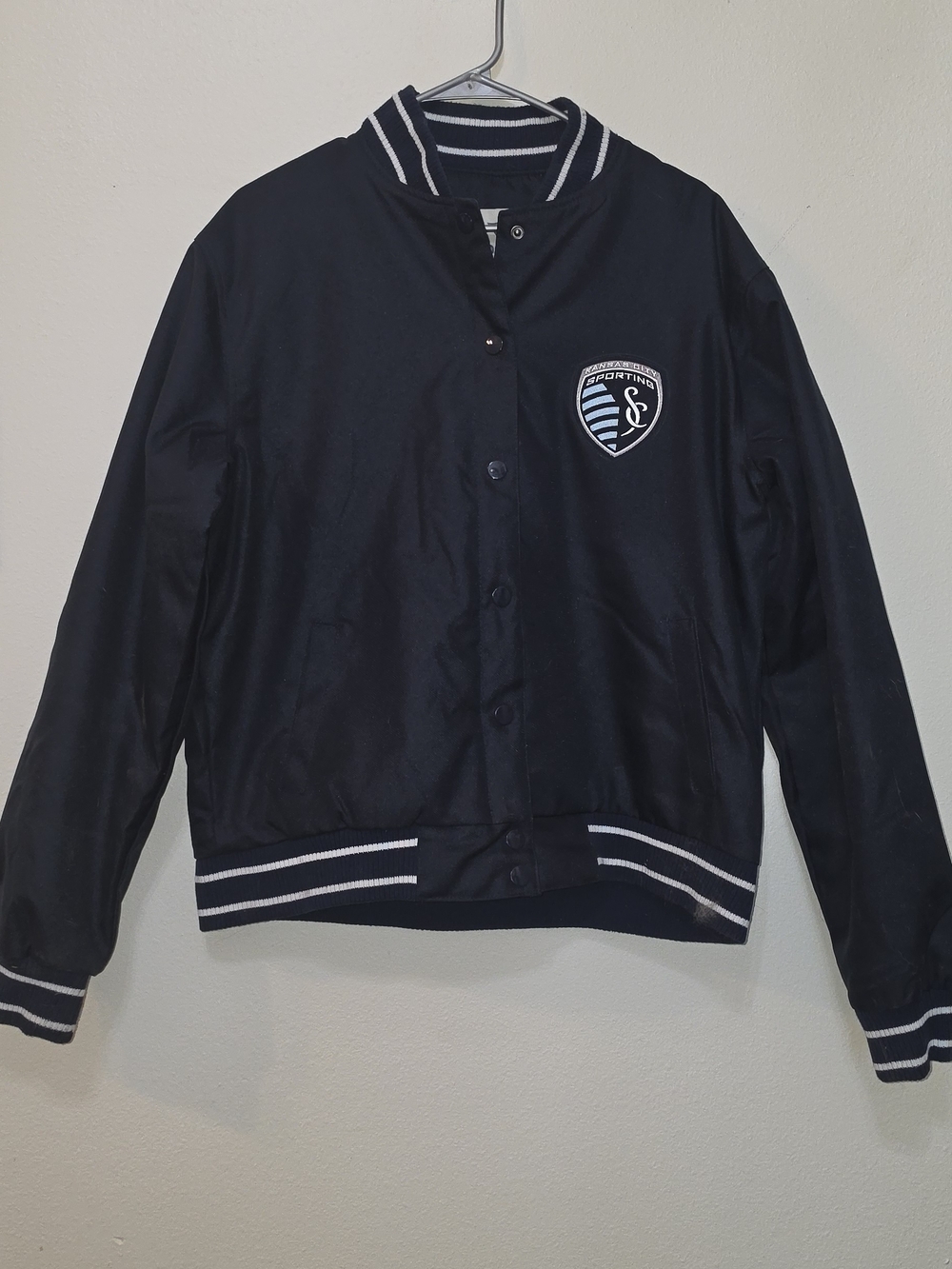 Mens Navy Blue Varsity Jacket with Stripe Trim. Sporting KC.